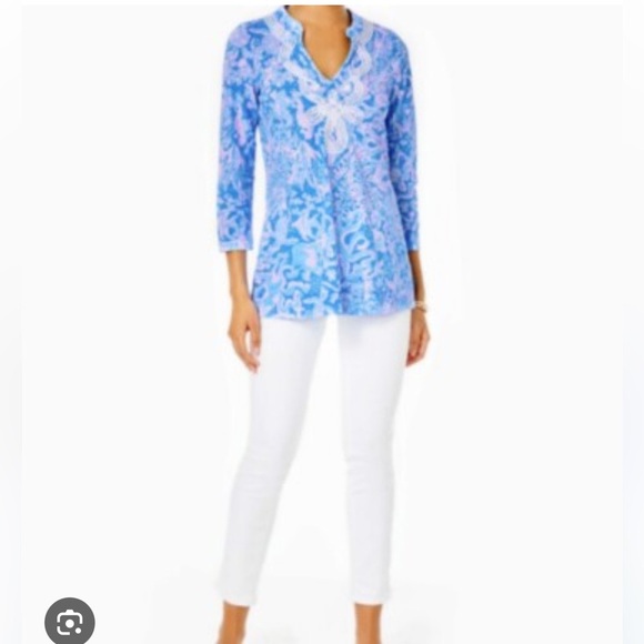 Lilly Pulitzer Blue and White Relaxed Tunic with Notched Collar - Picture 1 of 6